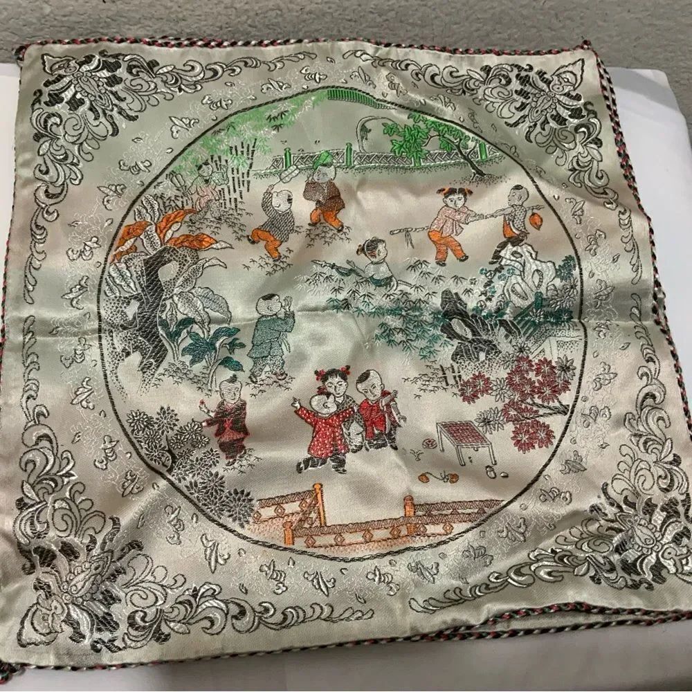 Chinese Satin / Silk Pillow Cover, Embroidered Floral, 17” X 17” Square, New
